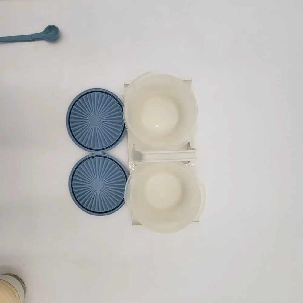 VINTAGE TUPPERWARE  2 Servalier Bowls Condiment Caddy 1 Spoon Slate Blue